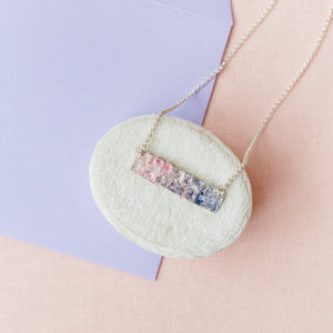 Pink to purple ombre raw gemstone mosaic bar necklace