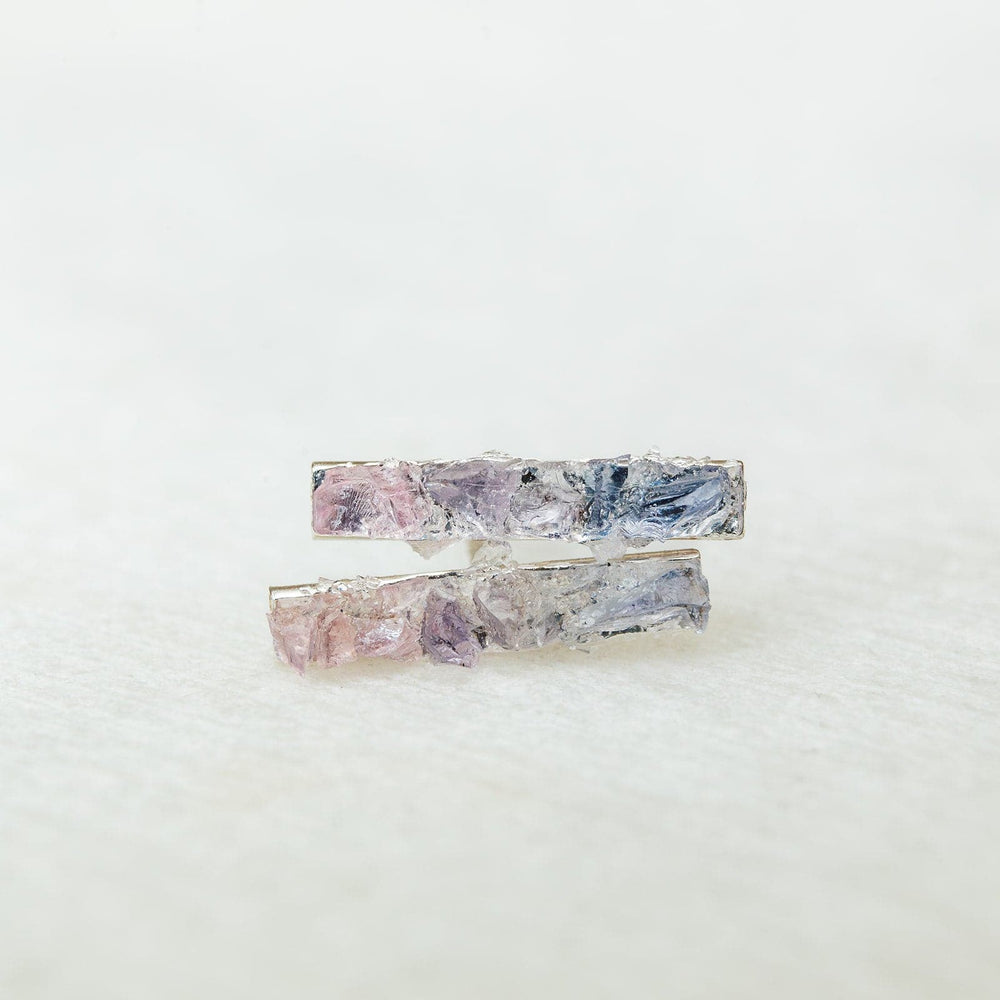 Pink to purple ombre raw gemstone mosaic bar studs