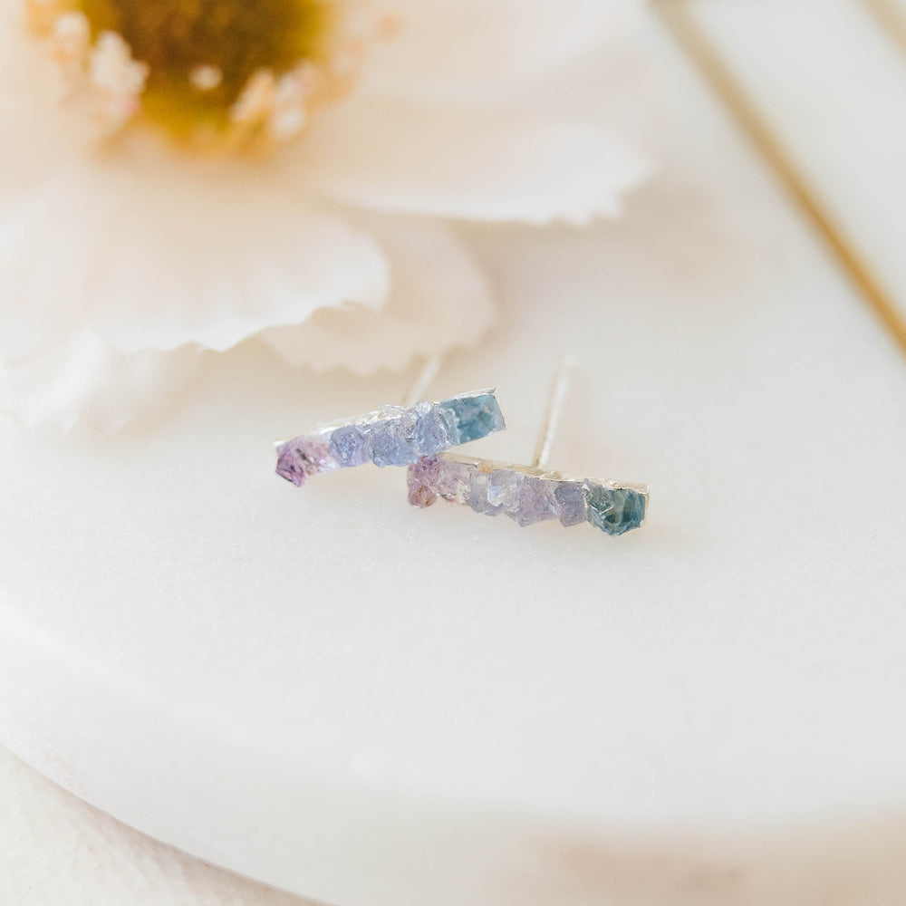 
            
                Load image into Gallery viewer, Purple ombre raw gemstone mosaic bar studs
            
        
